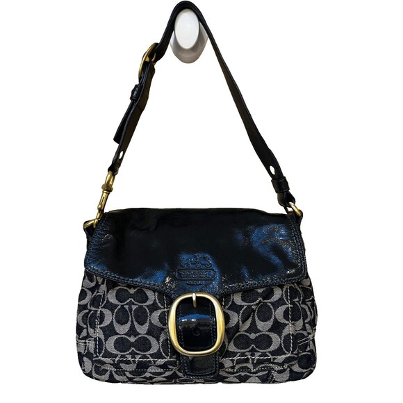 Coach Bleecker Signature Blue Denim Patent Leather Buckle Shoulder Bag 12571 - Picture 1 of 14